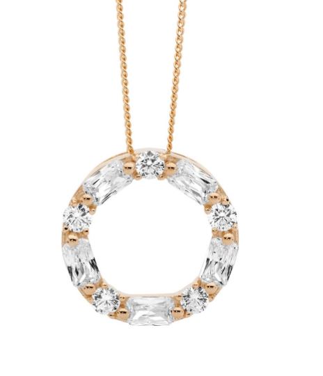 BAGUETTE & ROUND CZ CIRCLE NECKLACE YELLOW GOLD PLATED