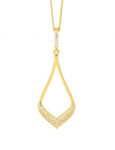 OPEN TEAR DROP PAVE CZ PENDANT YELLOW GOLD PLATED WITH CHAIN