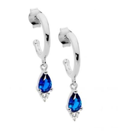 13MM HOOP EARRINGS WITH BLUE PEAR & WHITE CZ