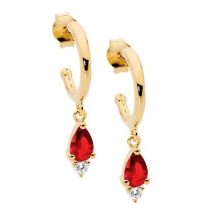 13MM YELLOW GOLD PLATED HOOP EARRINGS WITH RED PEAR & WHITE CZ