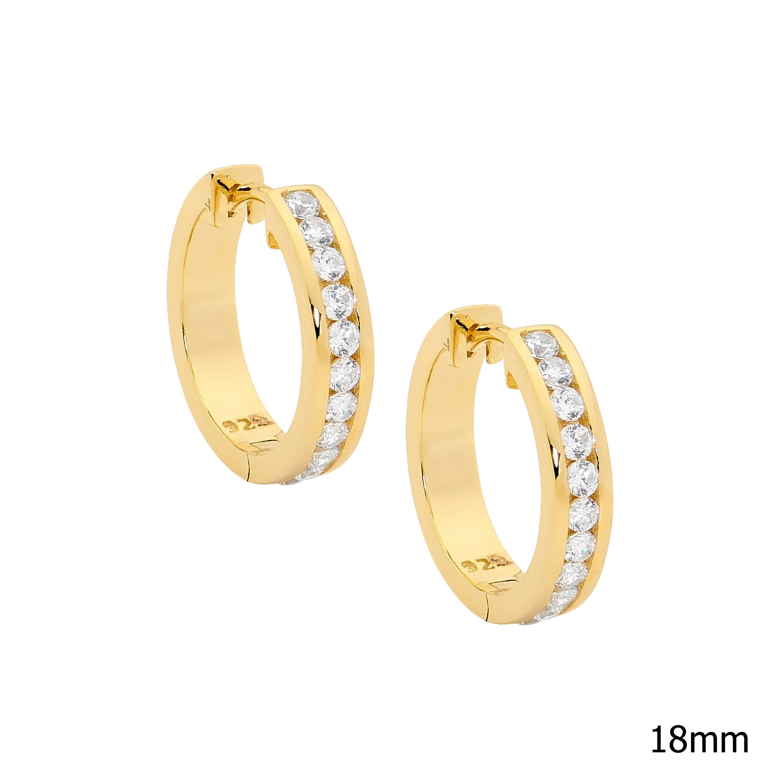 18CT YELLOW GOLD PLATED 18MM CHANNEL SET HOOP EARRINGS WITH CZ