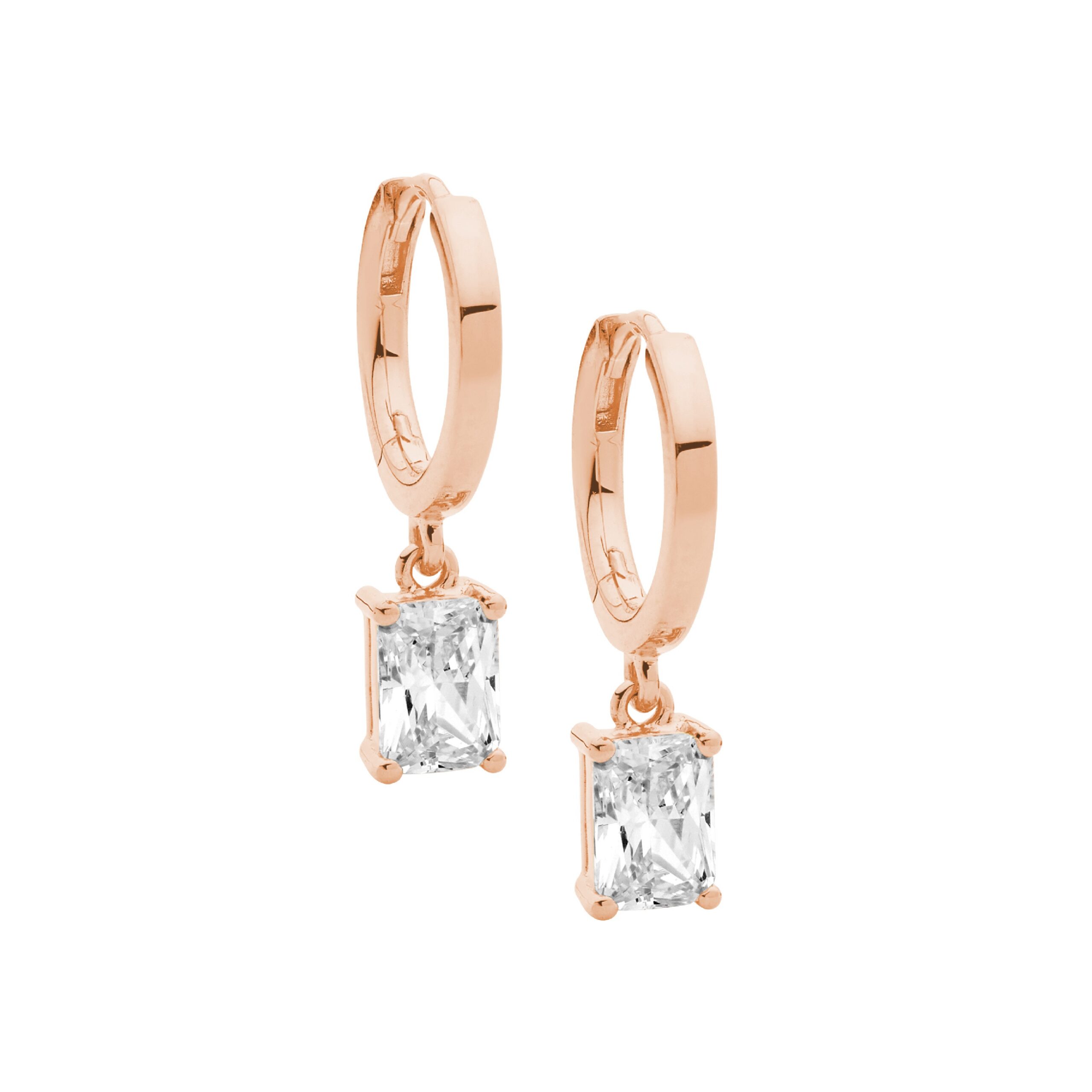ROSE GOLD PLATED 13MM HUGGIE WITH RADIENT CZ DROP