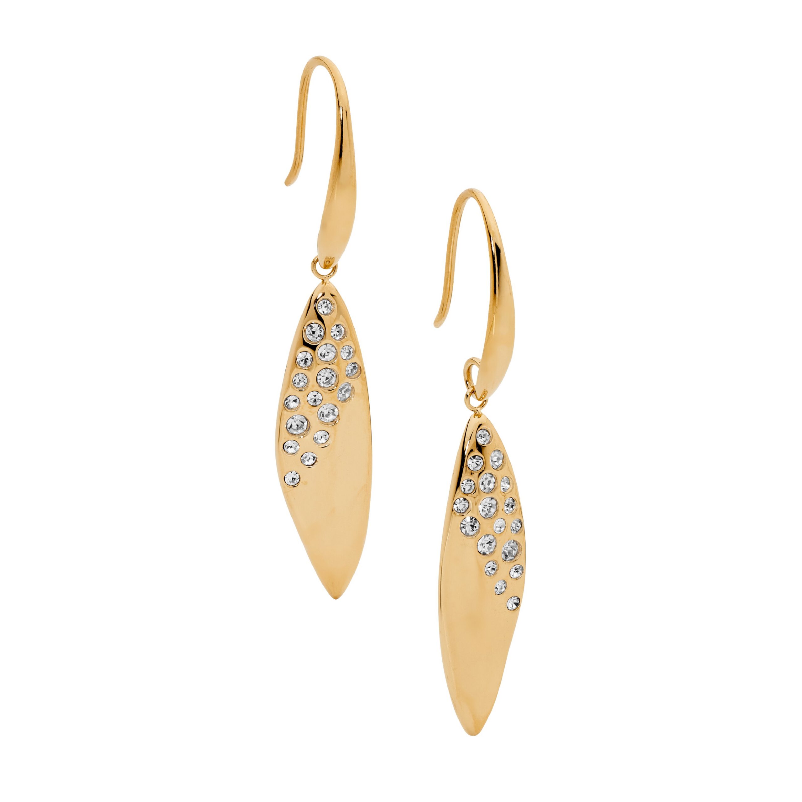 STAINLESS STEEL YELLOW GOLD PLATED DROP EARRINGS WITH SCATTERED WHITE CRYSTALS
