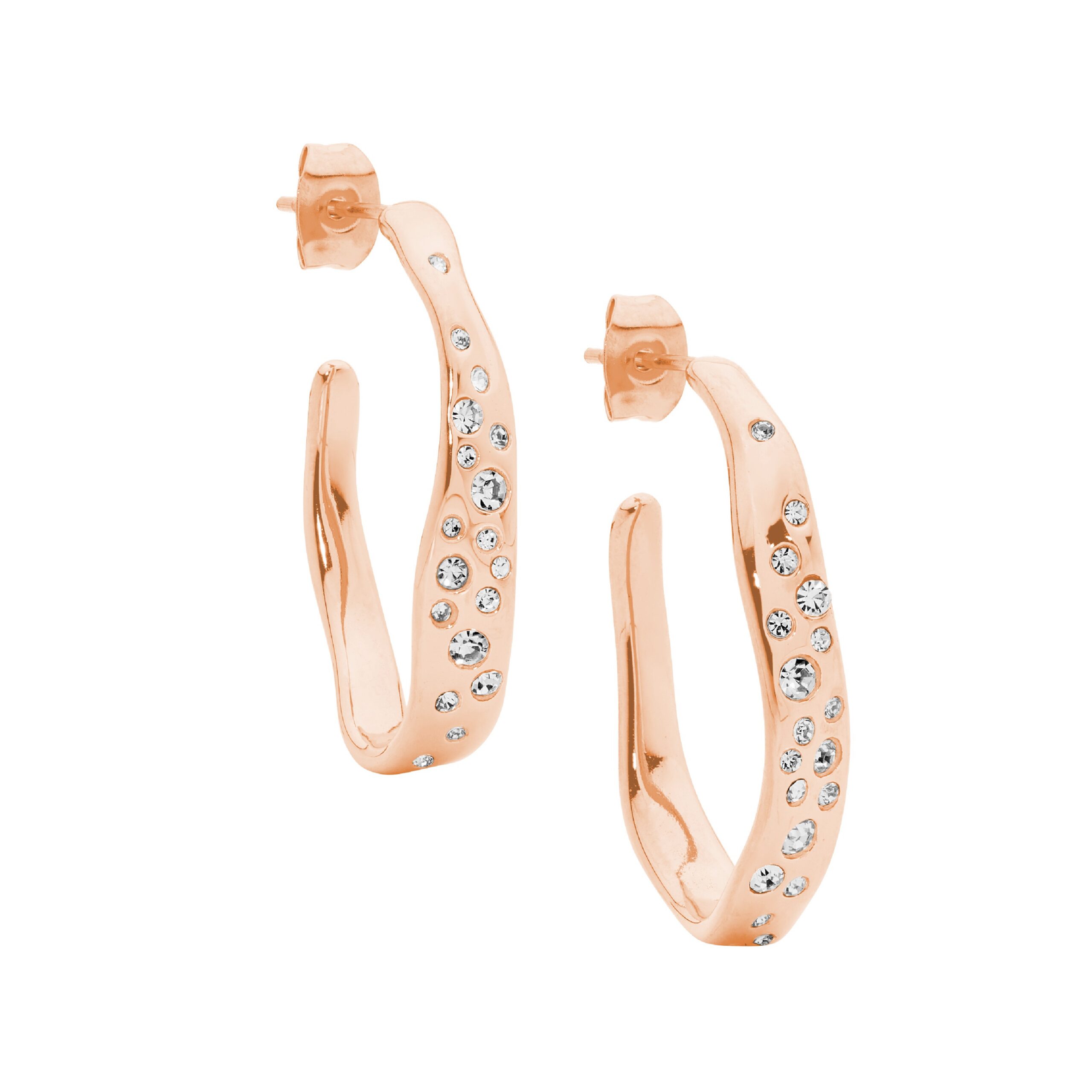 STAINLESS STEEL ROSE GOLD PLATED 31MM HOOP EARRINGS WITH SCATTERED WHITE CRYSTALS